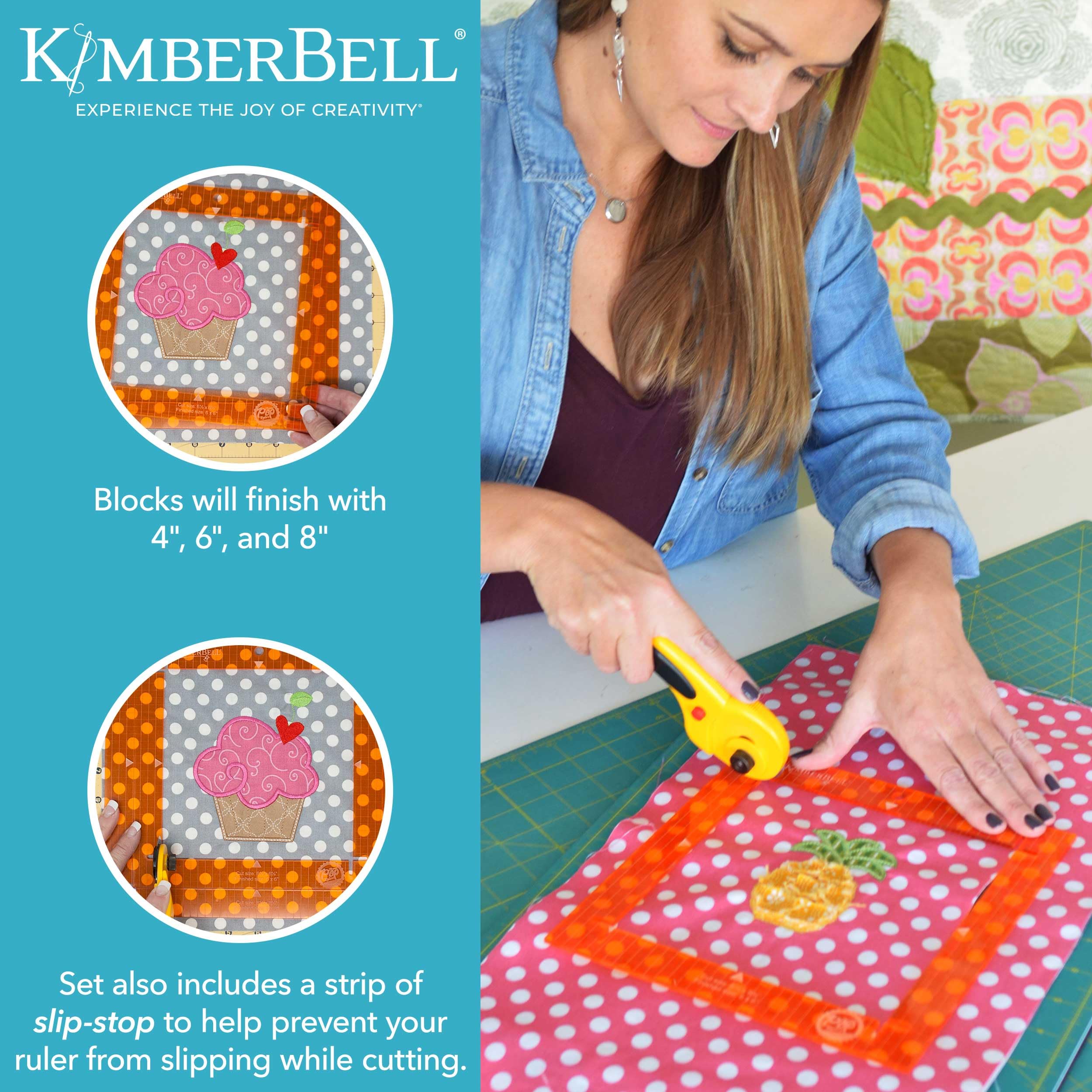 Kimberbell Orange Pop Quilting Rulers - Square Set of 4 - Quilt Rulers for Cutting Quilt Blocks, Non-Slip, Bonus Half Square Triangle Ruler in Two Sizes!