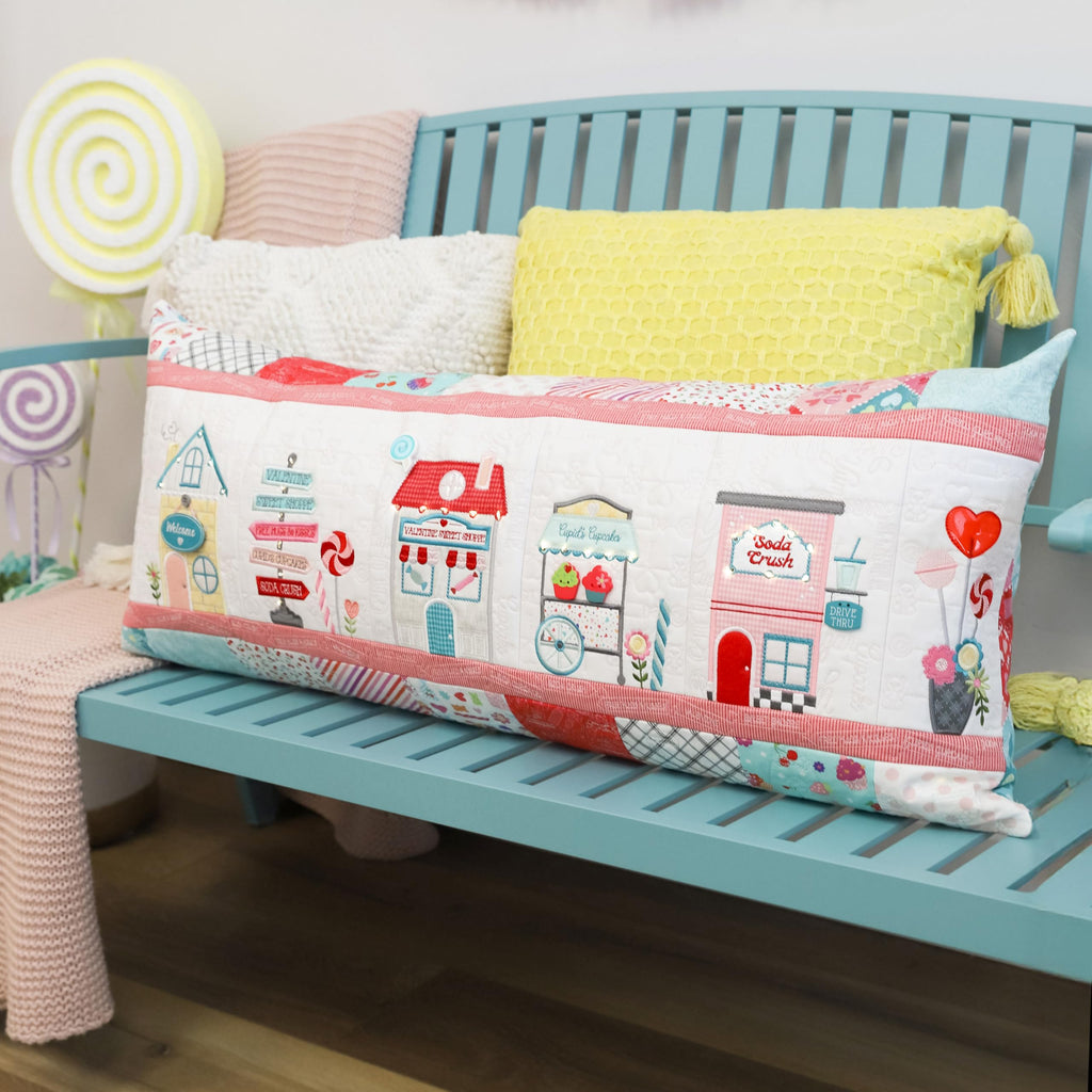 Kimberbell Sweetheart Street Bench Pillow - Machine Embroidery Design  – 16" x 38" Finished Size – Digital Download Redemption Card for 5x7 & Larger Hoops (ART, DST, EXP, HUS, JEF, PES, VIP, VP3, XXX)