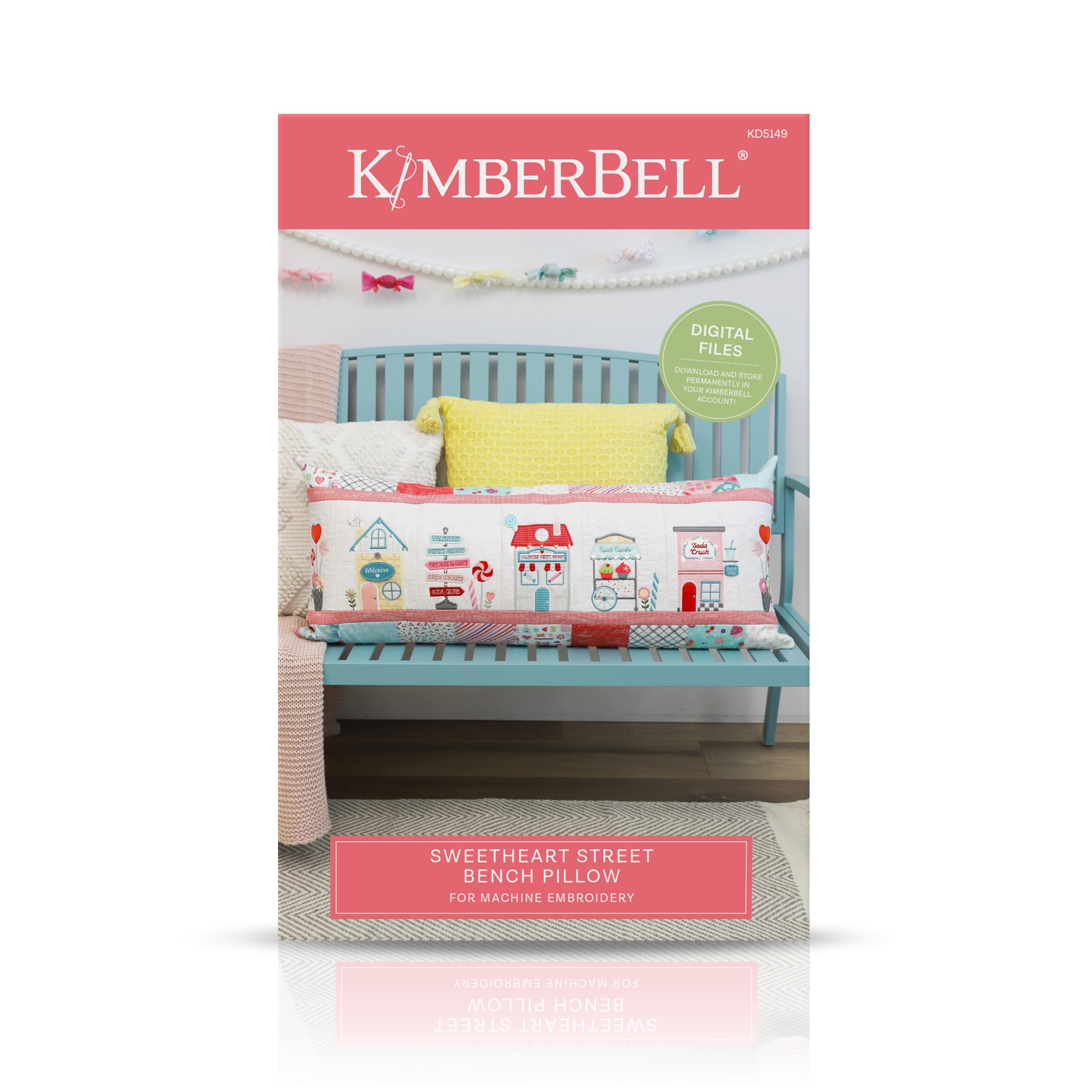 Kimberbell Sweetheart Street Bench Pillow - Machine Embroidery Design  – 16" x 38" Finished Size – Digital Download Redemption Card for 5x7 & Larger Hoops (ART, DST, EXP, HUS, JEF, PES, VIP, VP3, XXX)