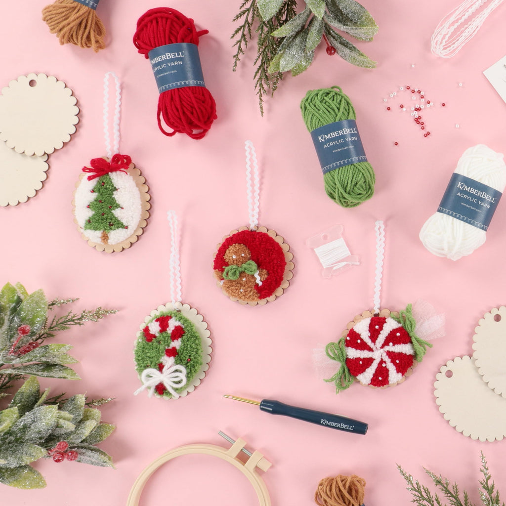 Kimberbell Cozy Christmas Ornaments Punch Needle Plus Kit – DIY Holiday Ornament Craft Kit with Tool, Yarn, Hoops, Embellishments & Wood Disks – Handmade Christmas Décor Project