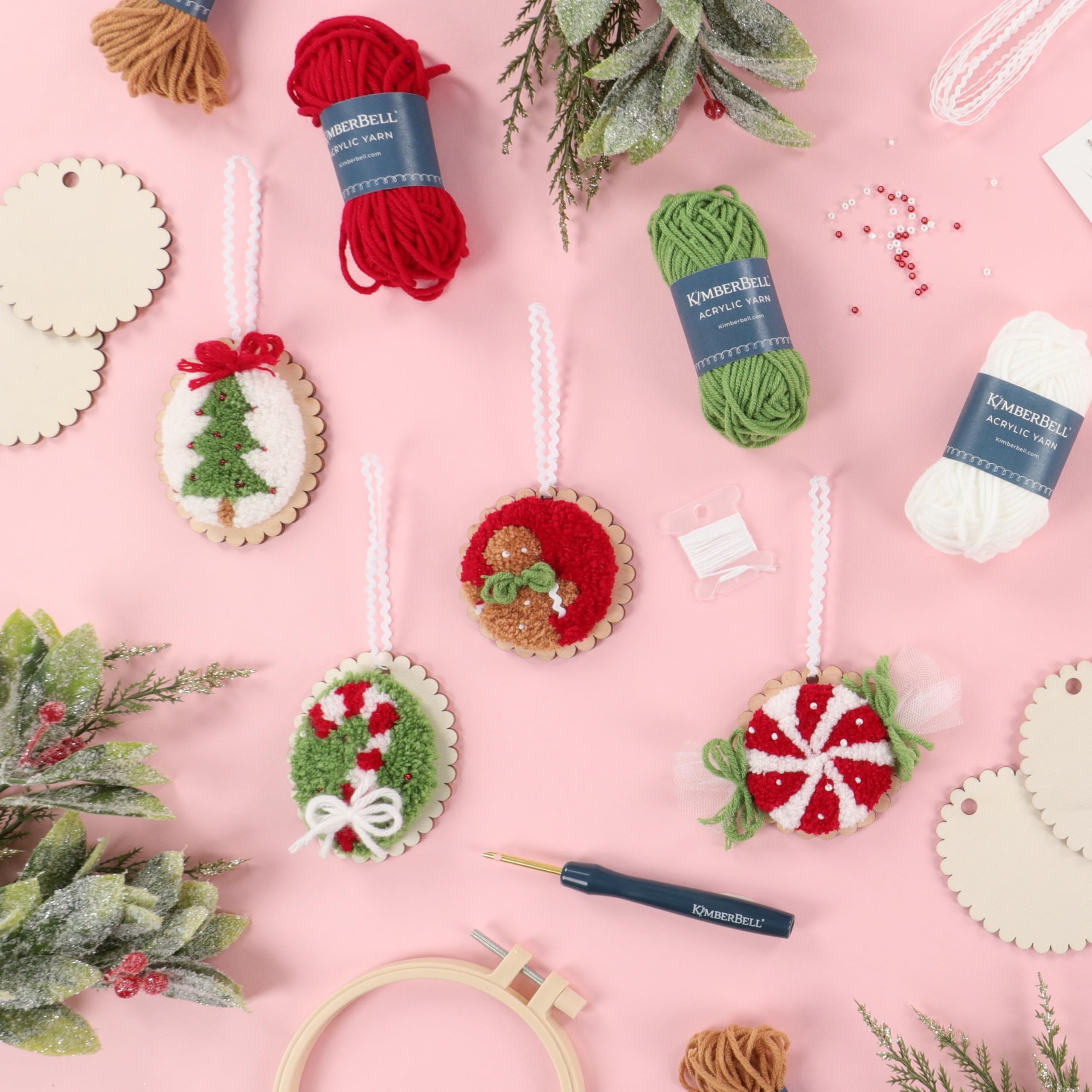 Kimberbell Cozy Christmas Ornaments Punch Needle Plus Kit – DIY Holiday Ornament Craft Kit with Tool, Yarn, Hoops, Embellishments & Wood Disks – Handmade Christmas Décor Project