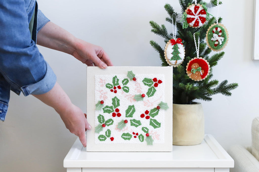 Kimberbell Happy Holly-Days Punch Needle Plus Kit – Complete DIY Embroidery Kit with Tool, Frame, Yarn, Beads & Felt – Holiday Punch Needle Design for Handmade Christmas Décor