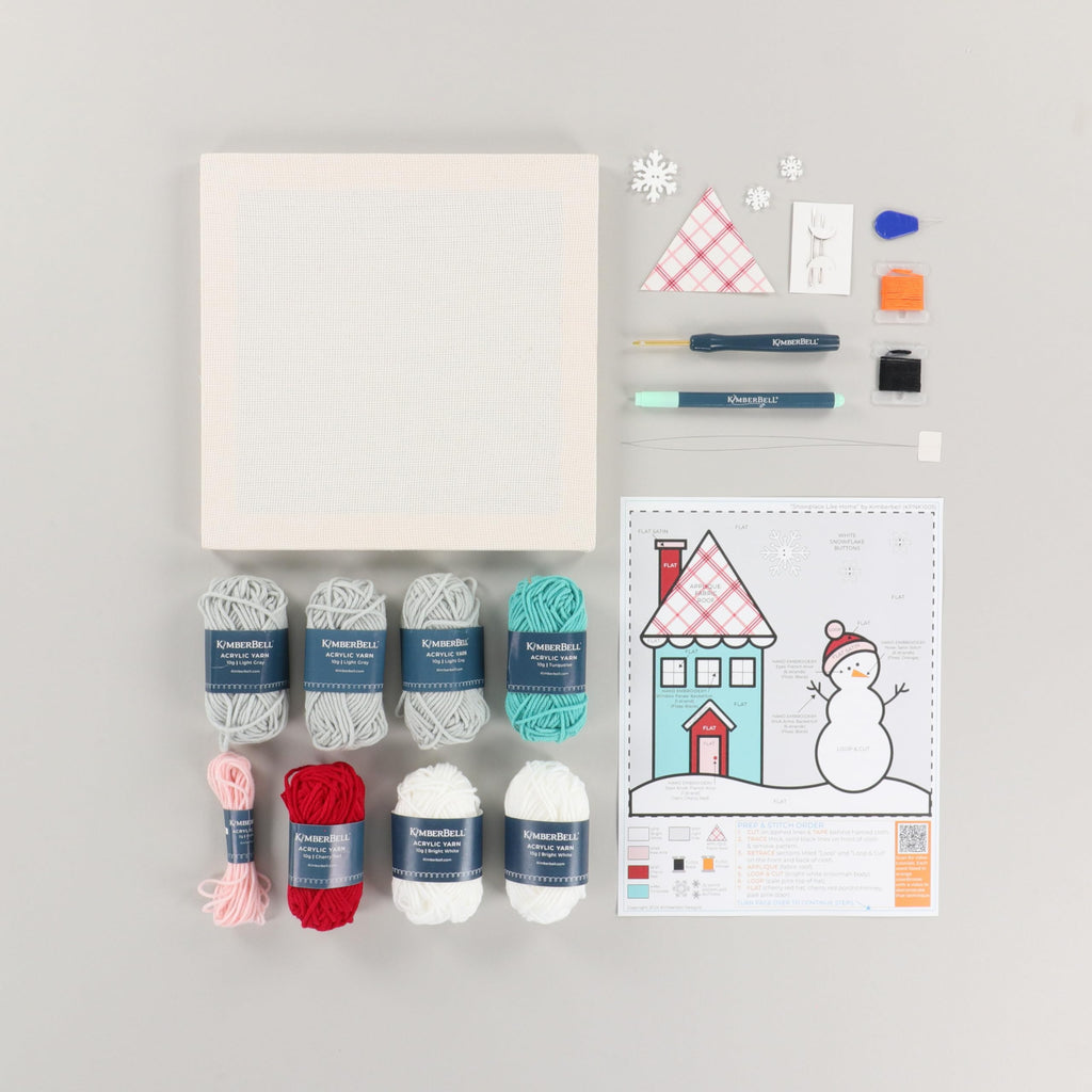 Kimberbell Punch Needle Kit – Snowplace Like Home - DIY Craft Kit with Tool, Monks Cloth, Frame, Buttons & Yarn – Snowman & Cozy House Punch Needle Embroidery Set