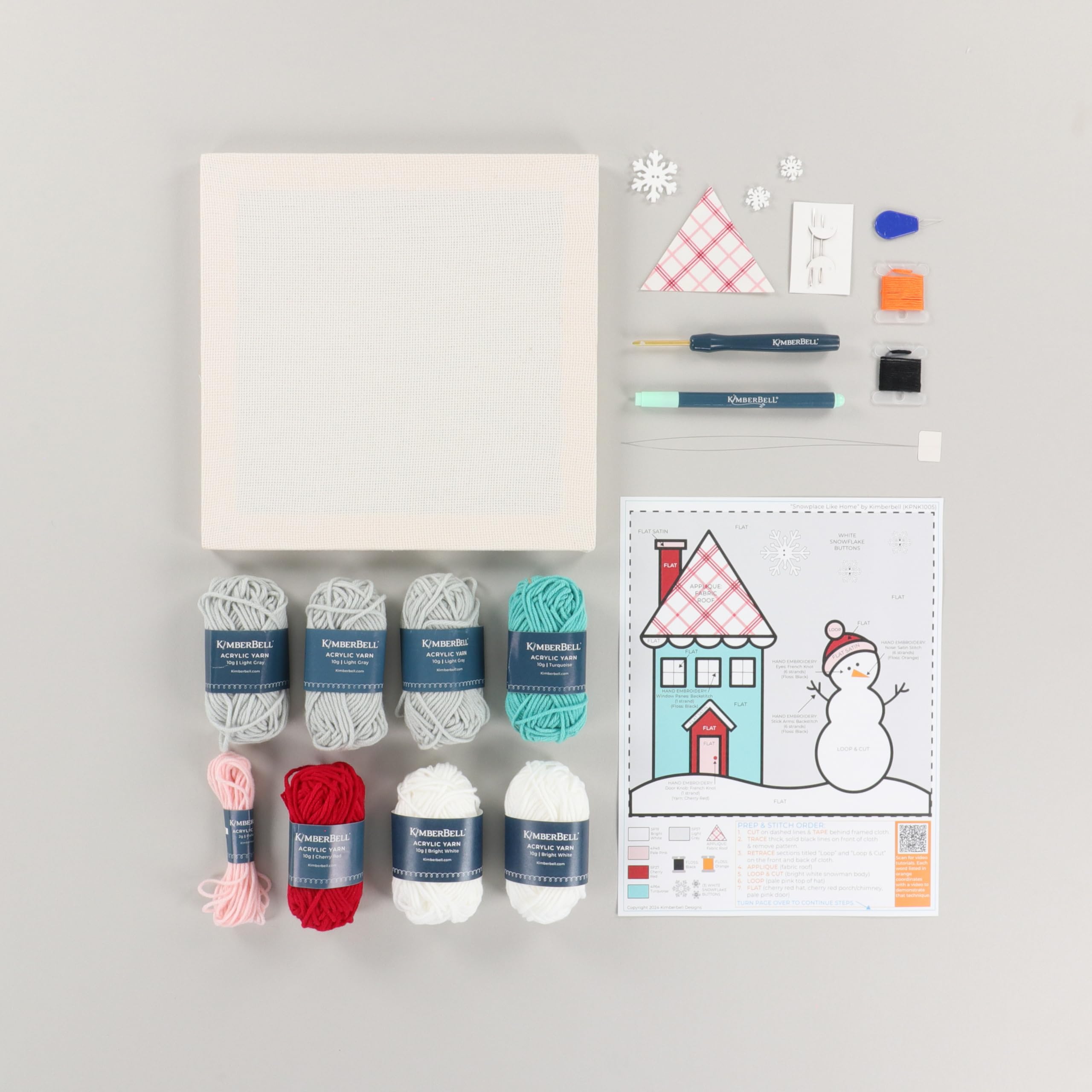 Kimberbell Punch Needle Kit – Snowplace Like Home - DIY Craft Kit with Tool, Monks Cloth, Frame, Buttons & Yarn – Snowman & Cozy House Punch Needle Embroidery Set