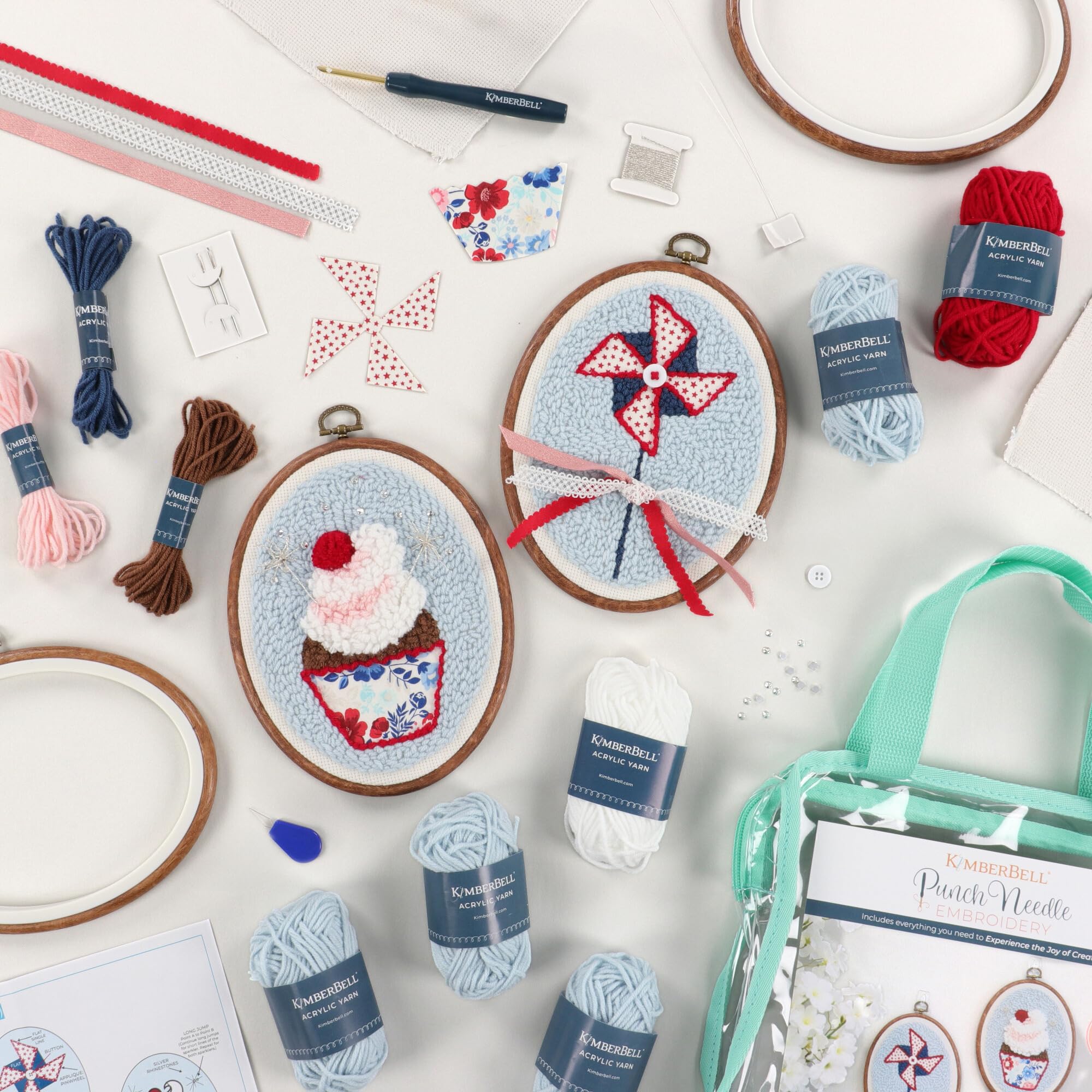 Kimberbell Patriotic Party! Punch Needle Kit – 2 Complete DIY Projects with Tool, Yarn, Hoops, Appliqué, Ribbons & Monks Cloth – Red White & Blue Punch Needle Plus Craft Kit with Video Instructions