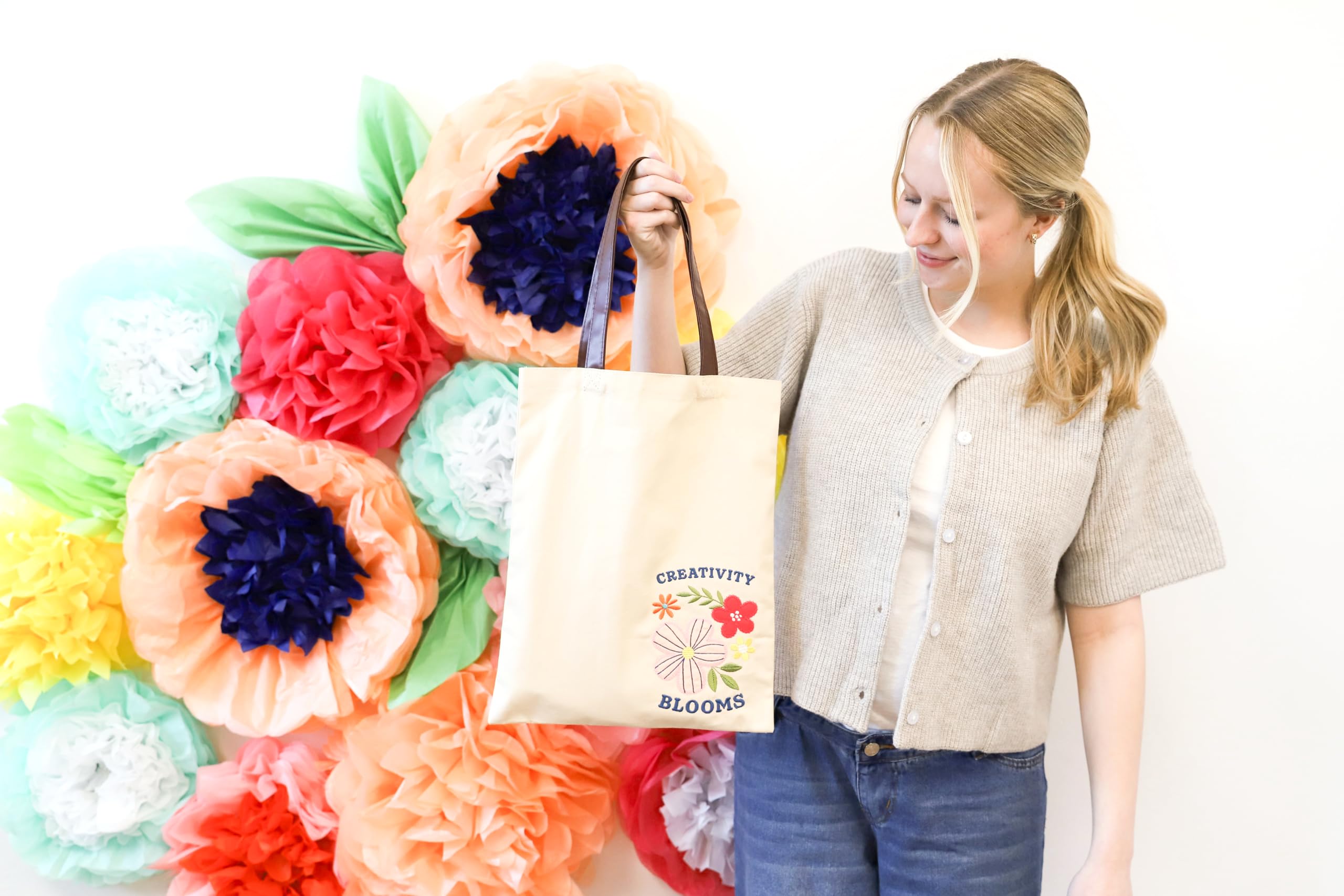 Kimberbell Canvas Tote Blank – 100% Cotton Embroidery Tote with Faux Leather Handles – 13"x30" Unfinished, 12"x14.75" Finished – Easy-to-Hoop Open Seams – Light Tan