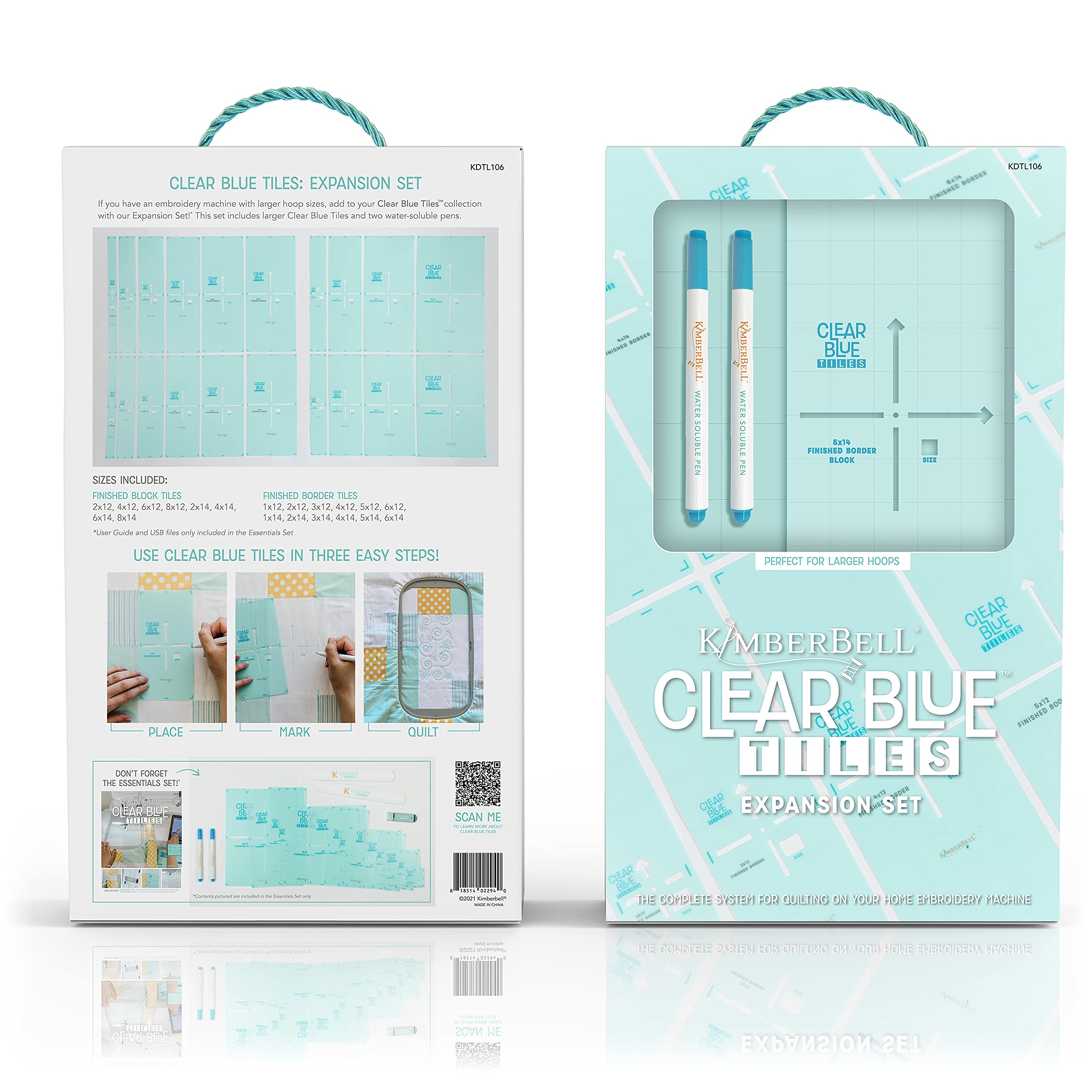 Kimberbell Clear Blue Tiles: Expansion Set (22 Pcs) for Larger Hoop Sizes, at-Home Quilting System On Your Embroidery Machine, Custom Block-by-Block Quilting, Allover Quilting Patterns