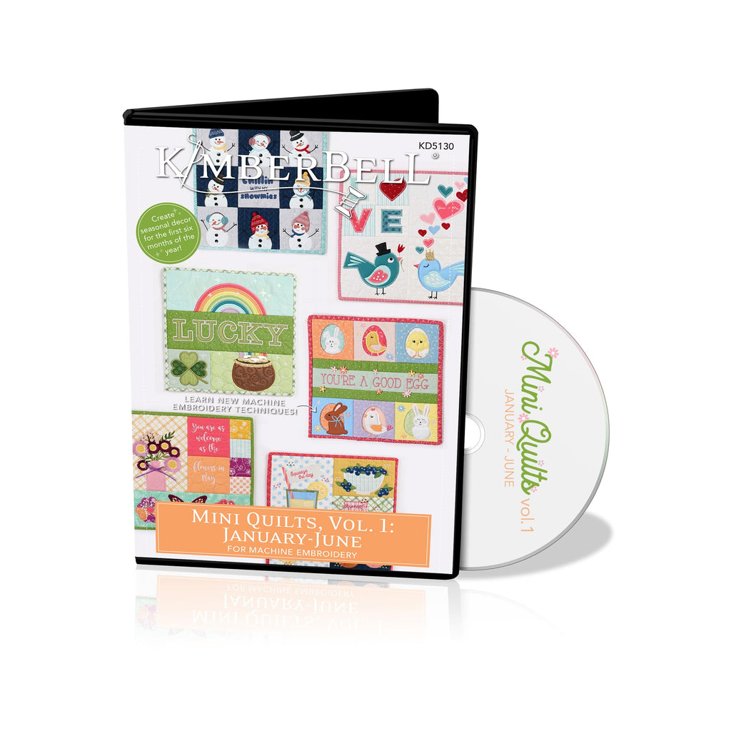 Kimberbell Mini Quilts Volume 1 Bundle – Machine Embroidery CD (Jan–June) and 15-Piece Embellishment Kit | Seasonal 12"x12" In-the-Hoop Quilting Projects for 5x7 or Larger Hoops