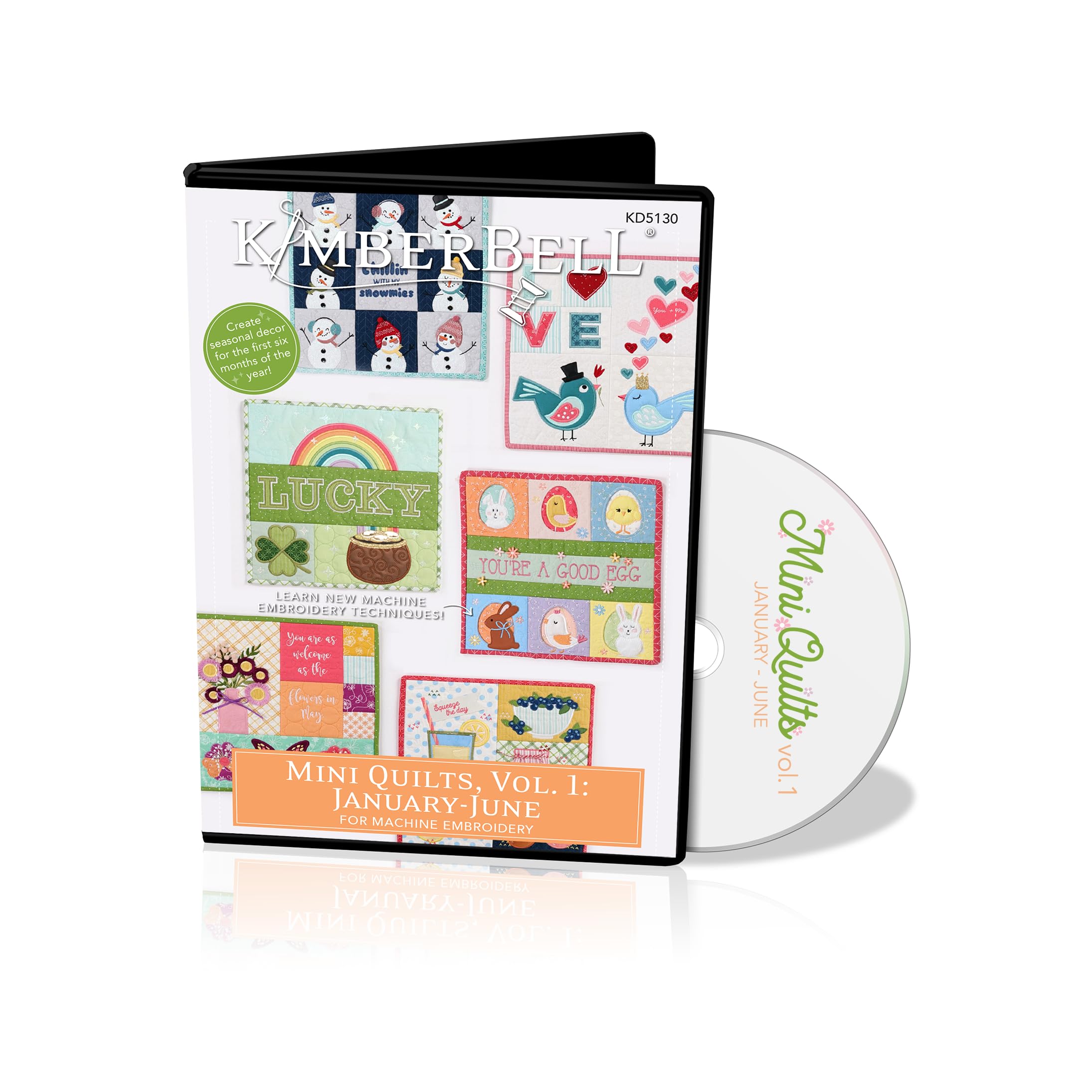 Kimberbell Mini Quilts Volume 1 Bundle – Machine Embroidery CD (Jan–June) and 15-Piece Embellishment Kit | Seasonal 12"x12" In-the-Hoop Quilting Projects for 5x7 or Larger Hoops