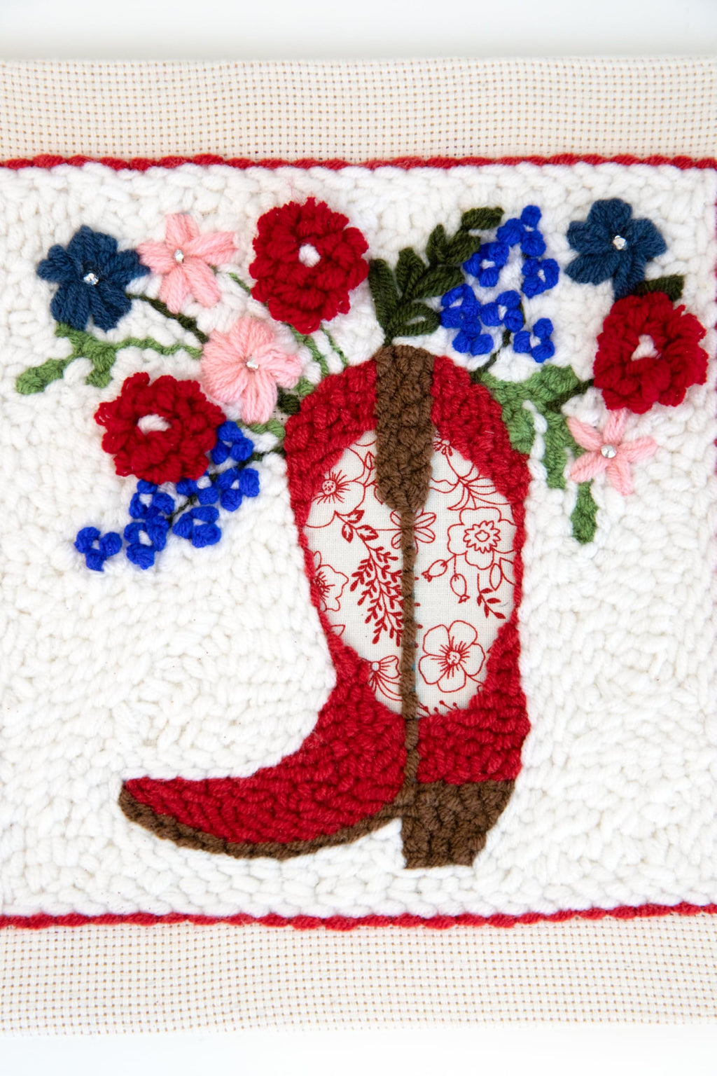 Kimberbell American Cowgirl Punch Needle Kit – Complete DIY Craft Set with Tools, Preprinted Monks Cloth, Yarn, Appliqués, Hoop & Rhinestones – Americana Punch Needle Plus Kit with Video Tutorials