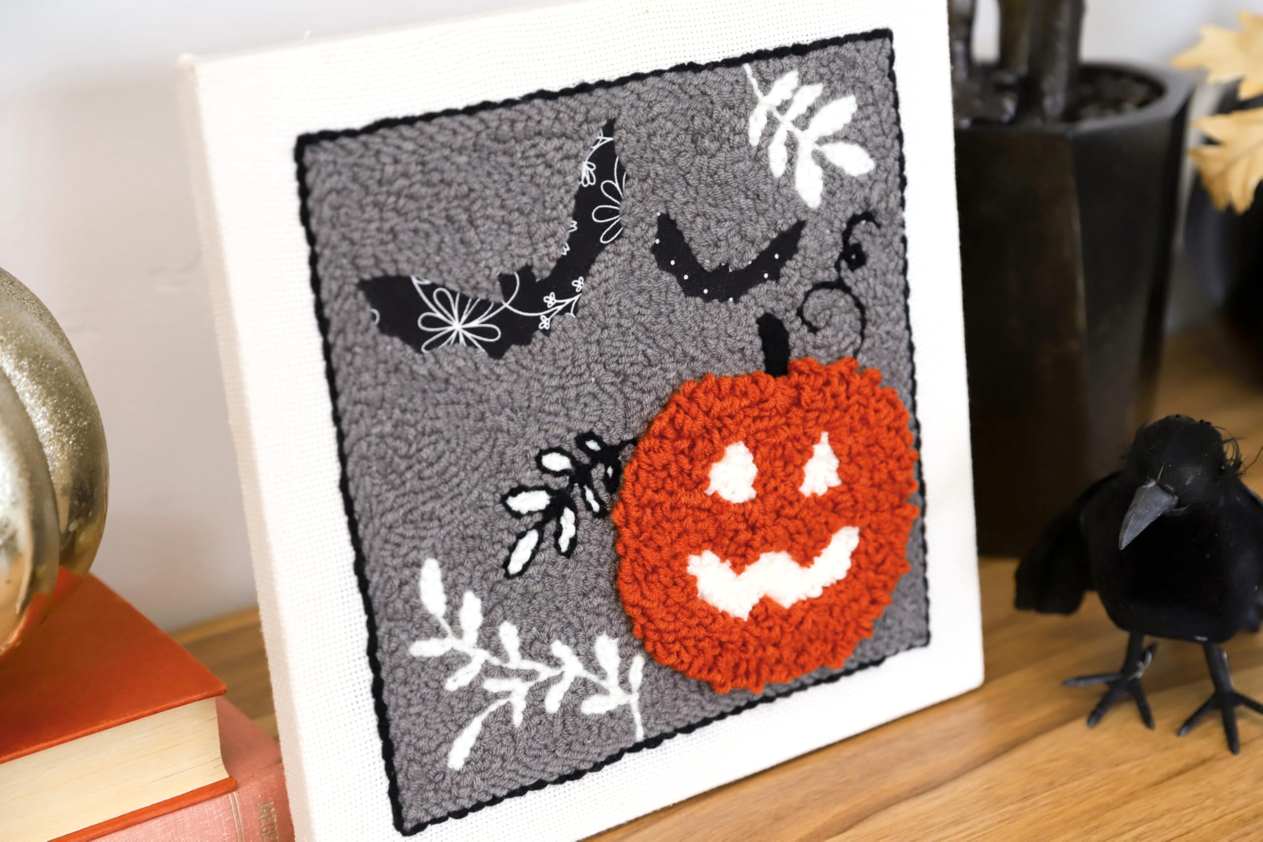 Kimberbell Jack-O’-Lantern Jubilee Punch Needle Plus Kit – Complete DIY Halloween Craft Kit with Tool, Preprinted Monks Cloth, Yarn, Applique Fabric, Frame & Video Tutorials