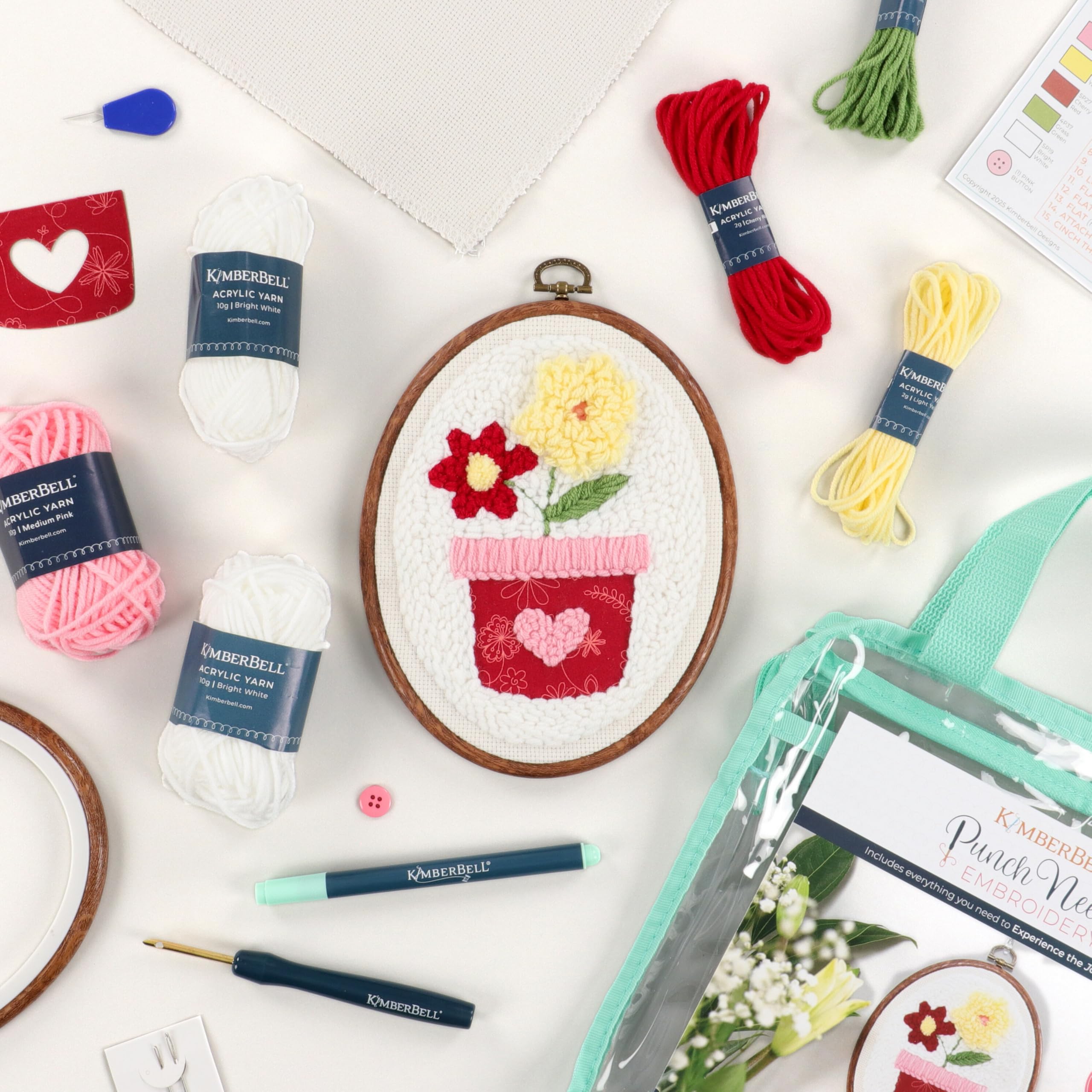 Kimberbell Punch Needle Kit – Love Blooms - Complease DIY Punch Needle Set with Tool, Monks Cloth, Yarn, Frame, Embelishments & Reusable Project Bag | Beginner-Friendly DIY Needle Punching Craft