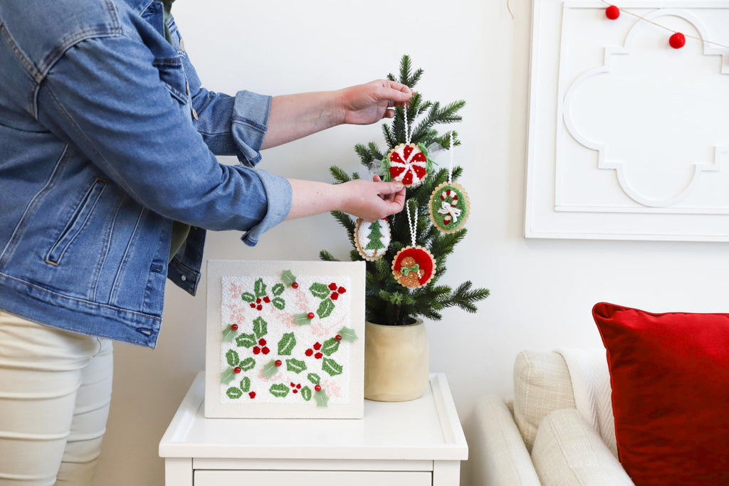 Kimberbell Cozy Christmas Ornaments Punch Needle Plus Kit – DIY Holiday Ornament Craft Kit with Tool, Yarn, Hoops, Embellishments & Wood Disks – Handmade Christmas Décor Project