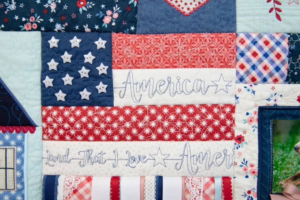 Kimberbell Star-Spangled Beauty Ladder Quilt Book with Digital Design Code – 20"x60" Americana Machine Embroidery Quilt, 5x7 Hoop, Patriotic Applique, Embellishments & Photo Frames