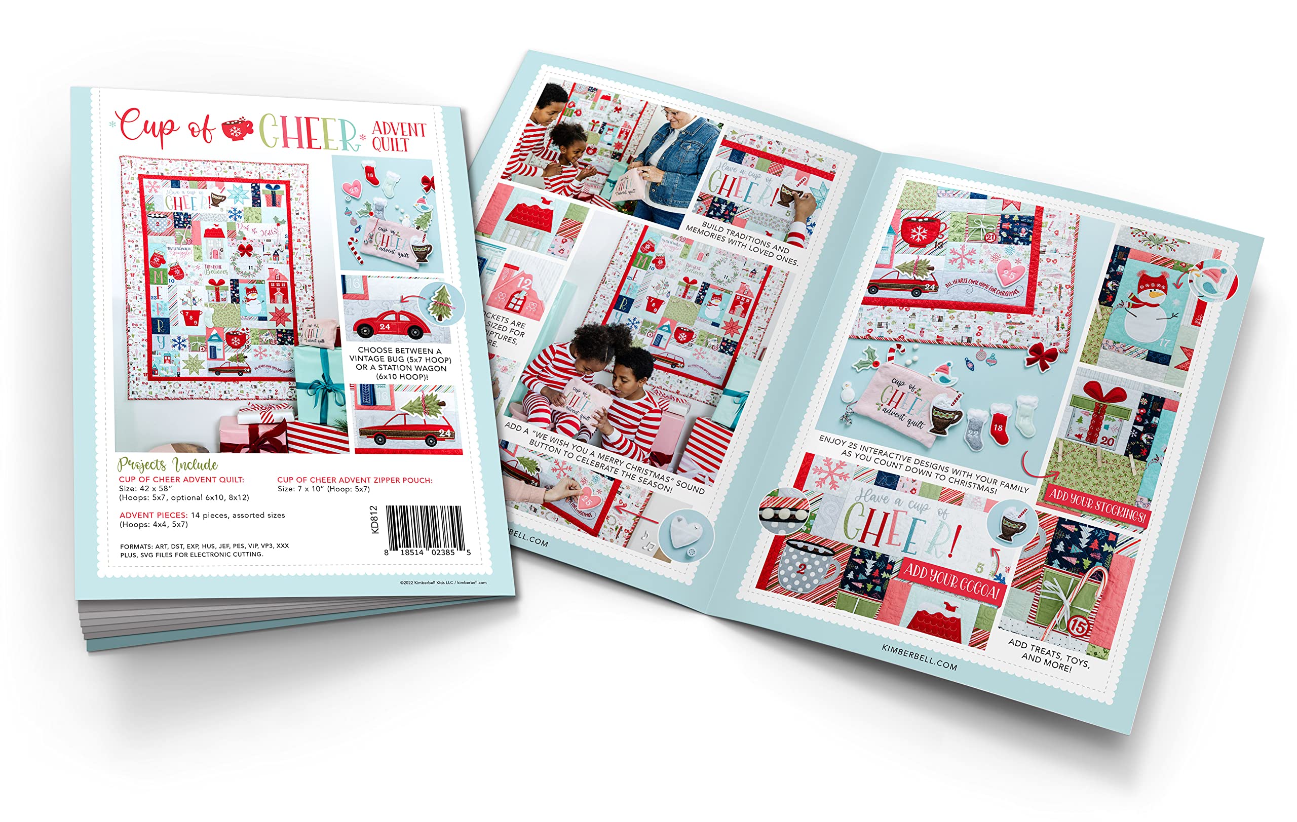 Kimberbell Cup Of Cheer Featured Quilt Machine Embroidery Design CD, 25 Interactive Designs, Complete Size 42x58”, 14 Advent Pieces, Easy Step-By-Step Instructions, Hoop Sizes: 4x4 & 5x7”, Made in USA