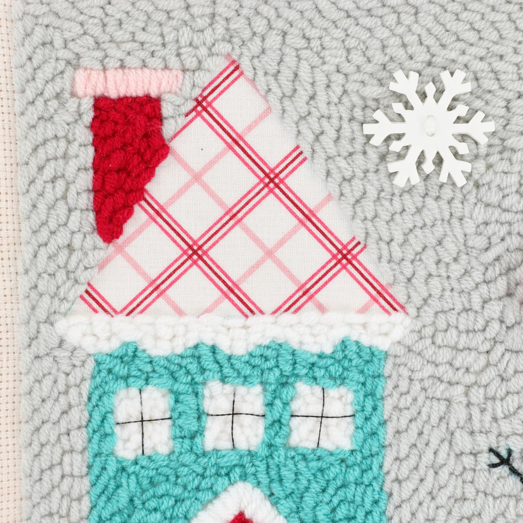 Kimberbell Punch Needle Kit – Snowplace Like Home - DIY Craft Kit with Tool, Monks Cloth, Frame, Buttons & Yarn – Snowman & Cozy House Punch Needle Embroidery Set
