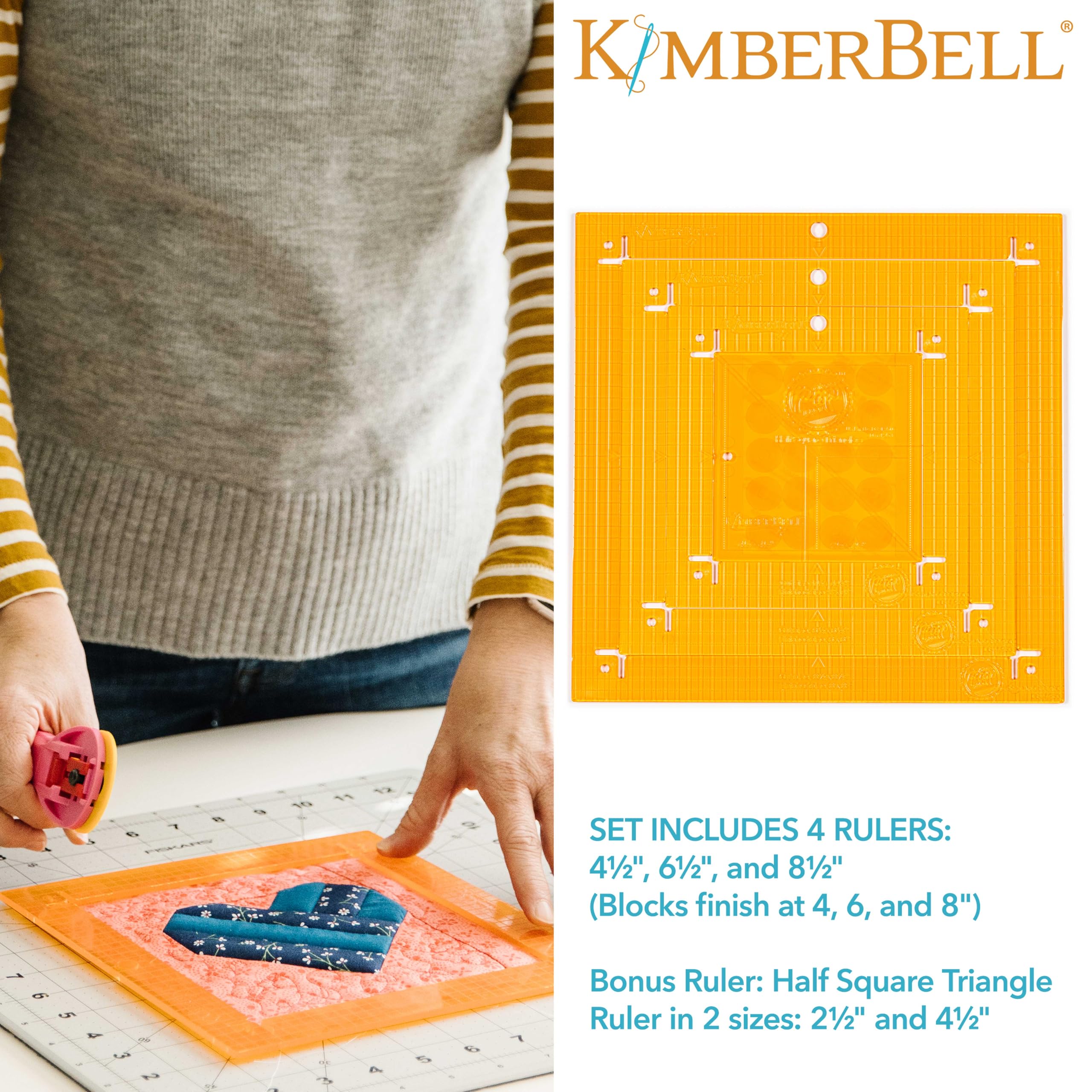 Kimberbell Orange Pop Quilting Rulers - Square Set of 4 - Quilt Rulers for Cutting Quilt Blocks, Non-Slip, Bonus Half Square Triangle Ruler in Two Sizes!