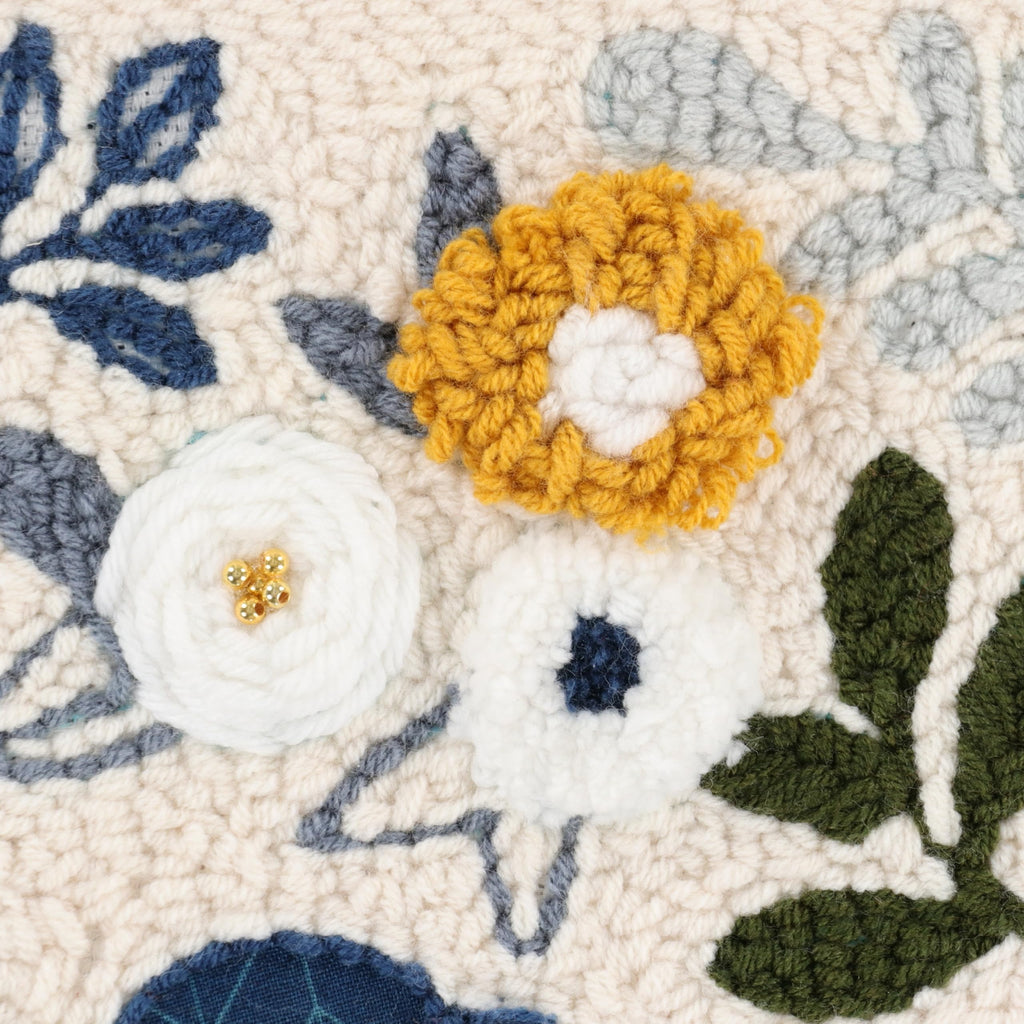 Kimberbell Punch Needle Kit – Birdsong Bouquet - Complete DIY Embroidery Kit with Tool, Monks Cloth, Frame, Yarn & Embellishments – Blue & Gold Floral Design Punch Needle Set