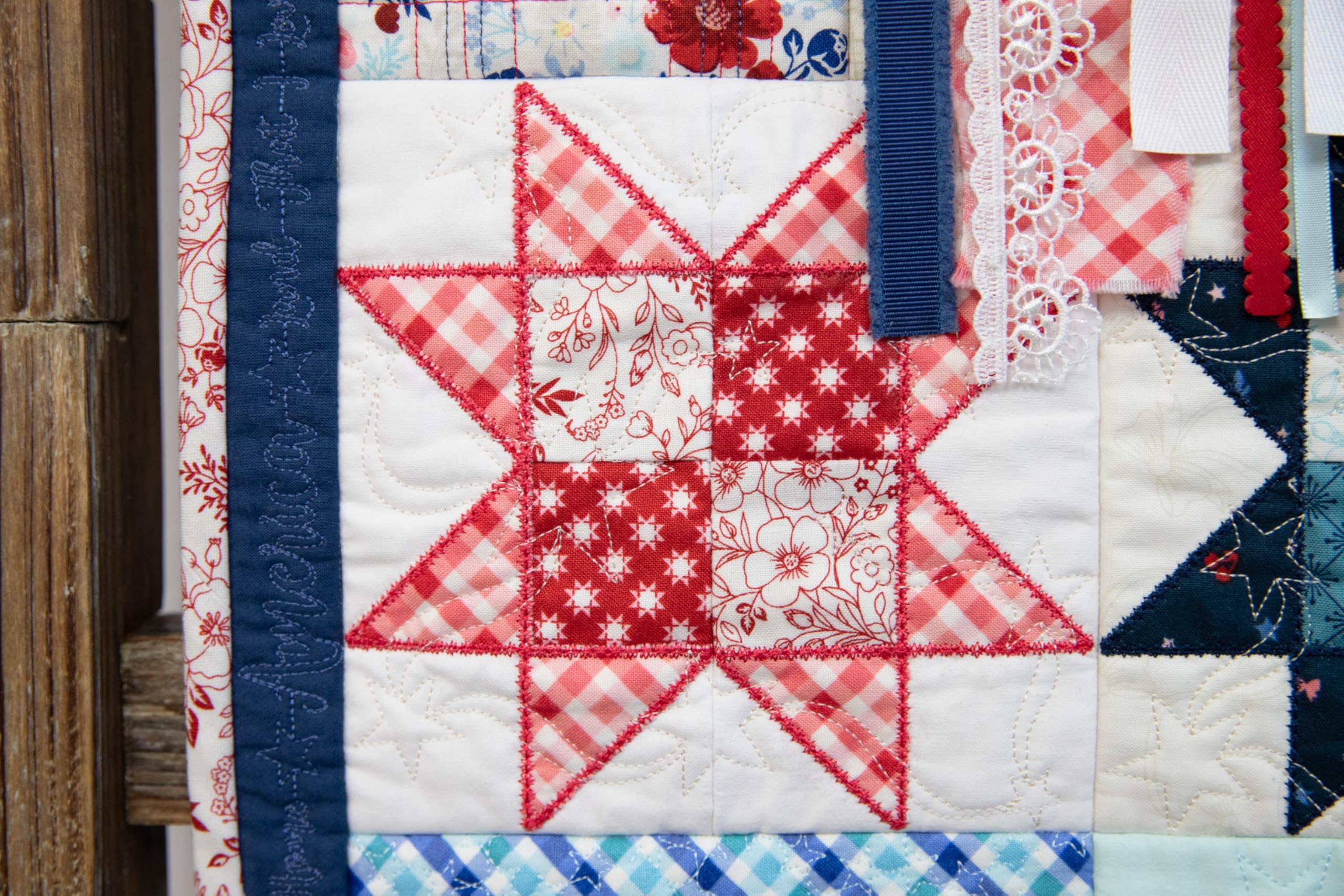 Kimberbell Star-Spangled Beauty Ladder Quilt Book with Digital Design Code – 20"x60" Americana Machine Embroidery Quilt, 5x7 Hoop, Patriotic Applique, Embellishments & Photo Frames