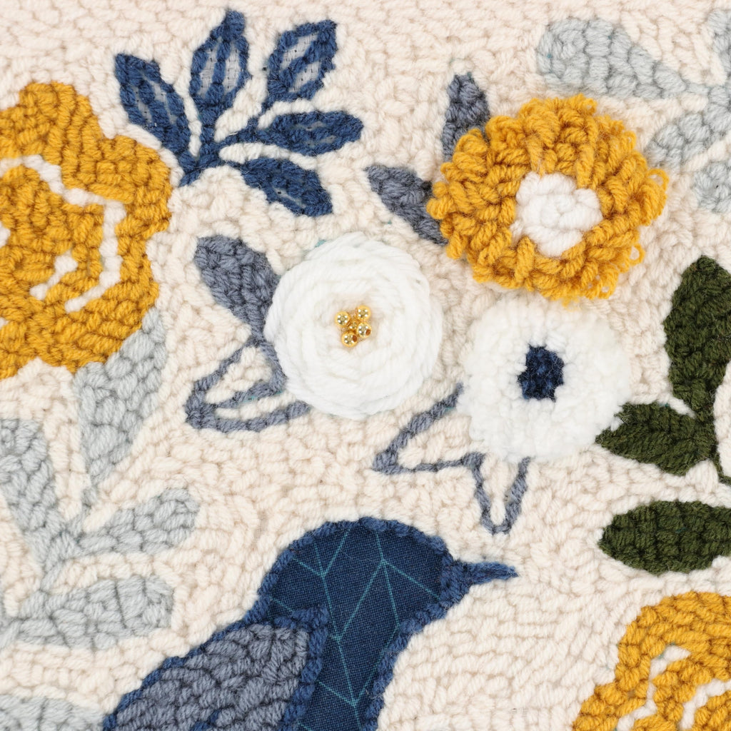 Kimberbell Punch Needle Kit – Birdsong Bouquet - Complete DIY Embroidery Kit with Tool, Monks Cloth, Frame, Yarn & Embellishments – Blue & Gold Floral Design Punch Needle Set