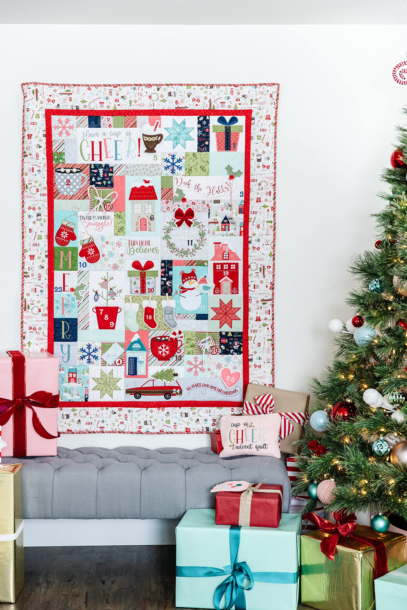 Kimberbell Cup Of Cheer Featured Quilt Machine Embroidery Design CD, 25 Interactive Designs, Complete Size 42x58”, 14 Advent Pieces, Easy Step-By-Step Instructions, Hoop Sizes: 4x4 & 5x7”, Made in USA