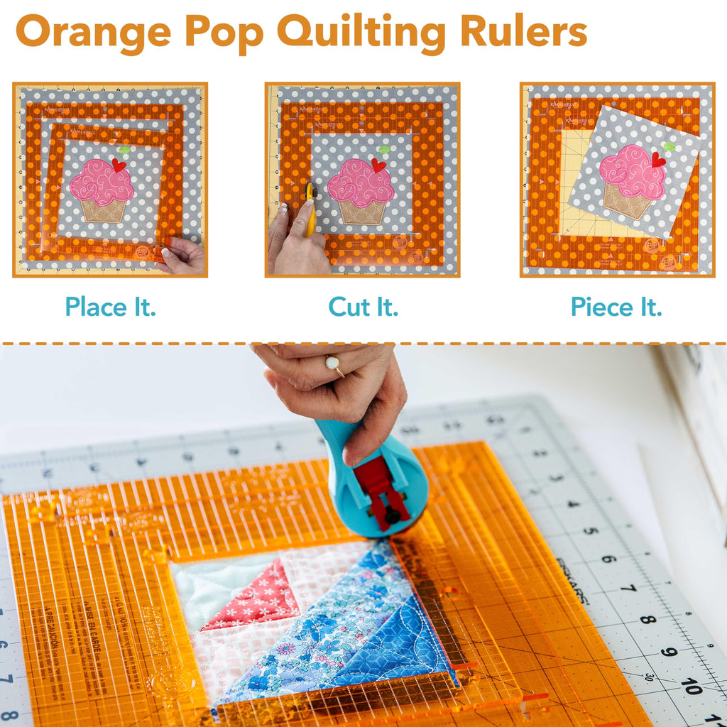 Kimberbell Orange Pop Quilting Rulers - Square Set of 4 - Quilt Rulers for Cutting Quilt Blocks, Non-Slip, Bonus Half Square Triangle Ruler in Two Sizes!