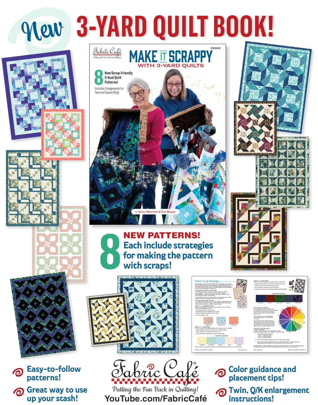 Fabric Café Make It Scrappy With 3-Yard Quilts Book – 8 Scrap-Friendly Quilt Patterns – Uses Three 1-Yard Fabric Cuts – Beginner-Friendly Quilting Guide