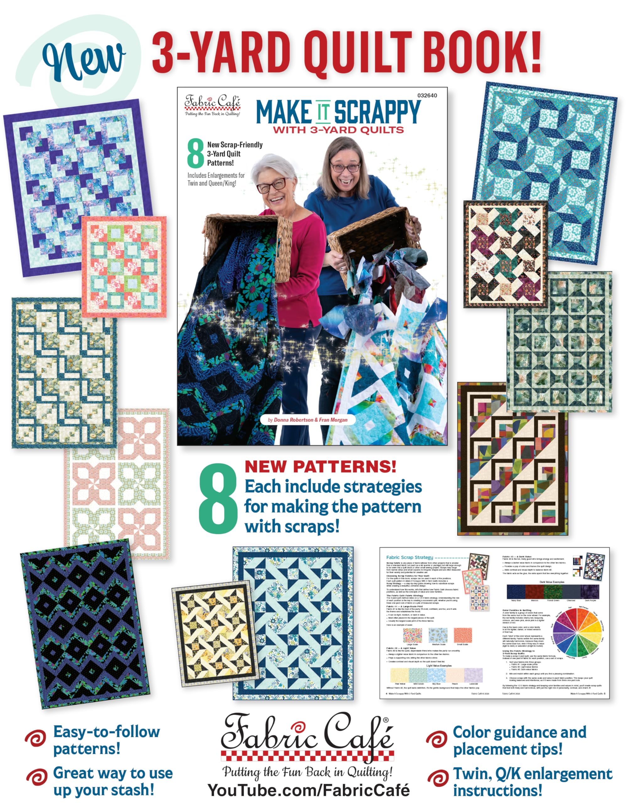 Fabric Café Make It Scrappy With 3-Yard Quilts Book – 8 Scrap-Friendly Quilt Patterns – Uses Three 1-Yard Fabric Cuts – Beginner-Friendly Quilting Guide