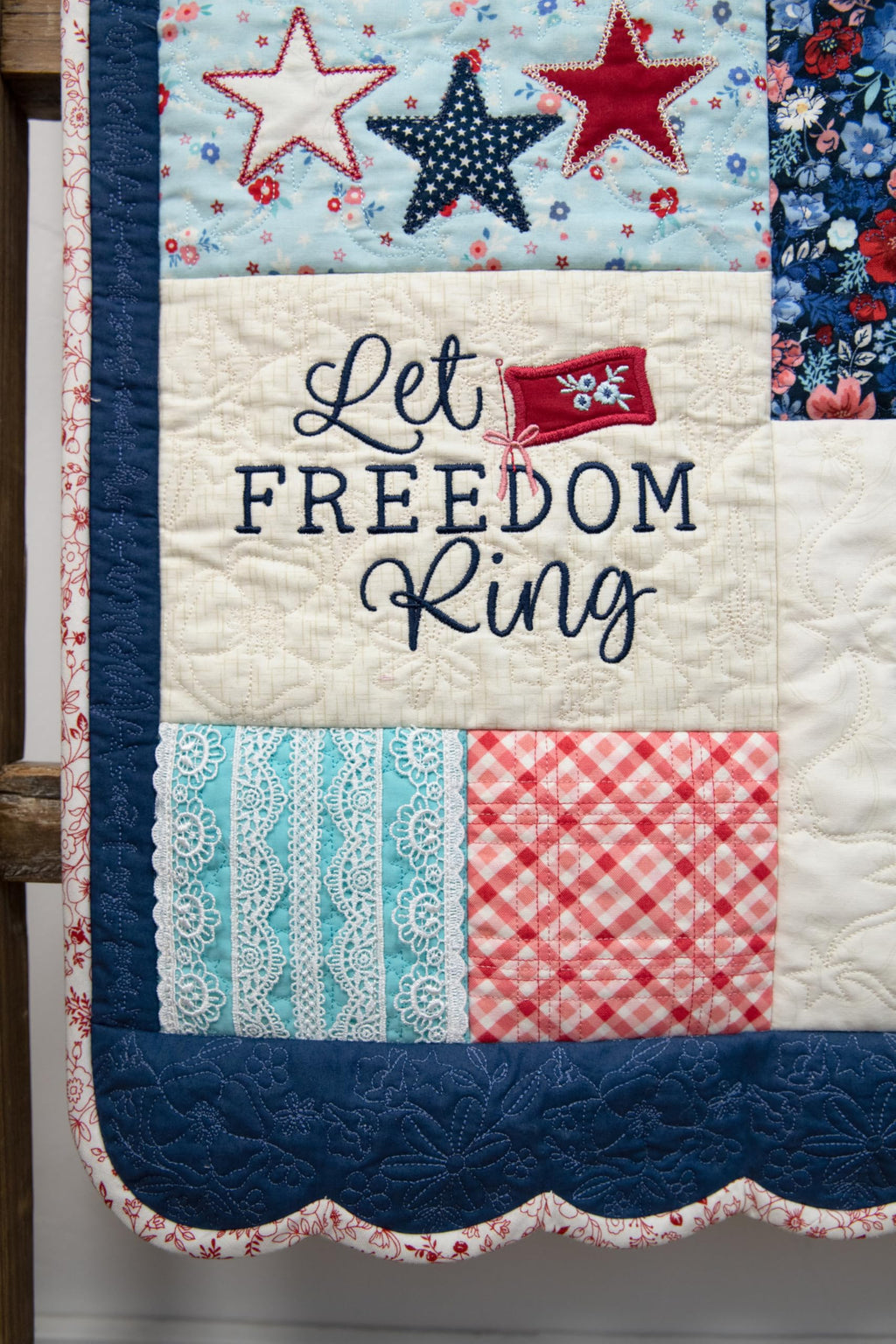 Kimberbell Star-Spangled Beauty Ladder Quilt Book with Digital Design Code – 20"x60" Americana Machine Embroidery Quilt, 5x7 Hoop, Patriotic Applique, Embellishments & Photo Frames
